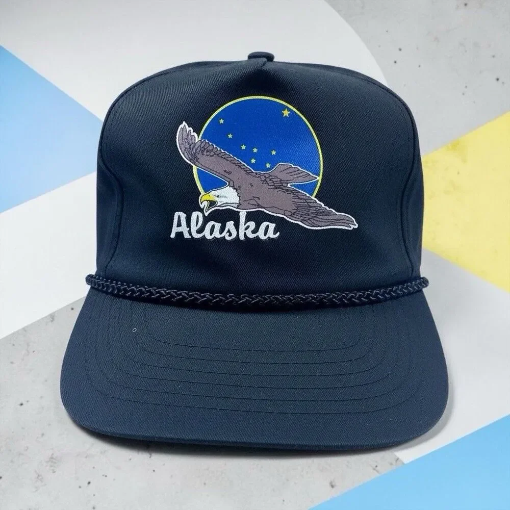 Vintage 90s Alaska Trucker Hat Mesh Flying Eagle Snapback Chord Black